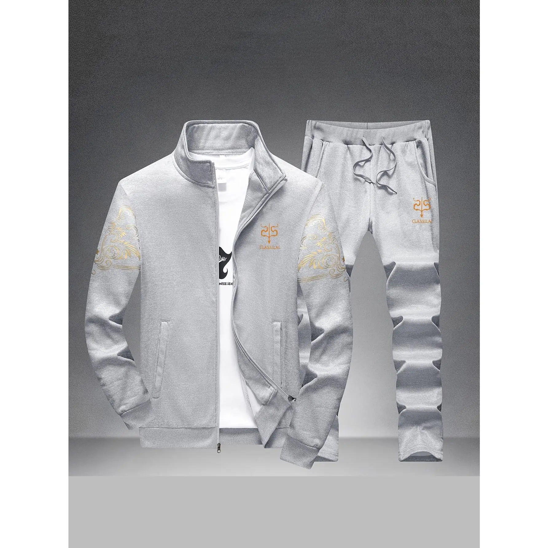 Men's Flower Print Tracksuit, Casual 2-Piece Polyester Sports Outfit with Zipper Cardigan and Matching Pants, Male, Long Sleeve, Zippered Cardigan, Full Length, Casual Sports, Outdoor Wear, Xl, Men's Outfit Sets, Set Includes Jacket, Matching Set, Multi-S