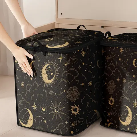 Star & Moon Pattern Clothes Storage Bag, Large Capacity Clothes Storage Organizer, Collapsible Clothes Storage Bag with Strong Zipper, Space Saving Bags, Fabric Storage Organizer, Portable Clothes Organizer, Clothing Storage Bags