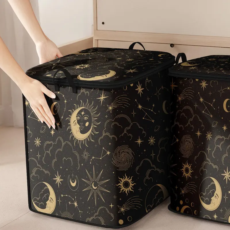 Star & Moon Pattern Clothes Storage Bag, Large Capacity Clothes Storage Organizer, Collapsible Clothes Storage Bag with Strong Zipper, Space Saving Bags, Fabric Storage Organizer, Portable Clothes Organizer, Clothing Storage Bags