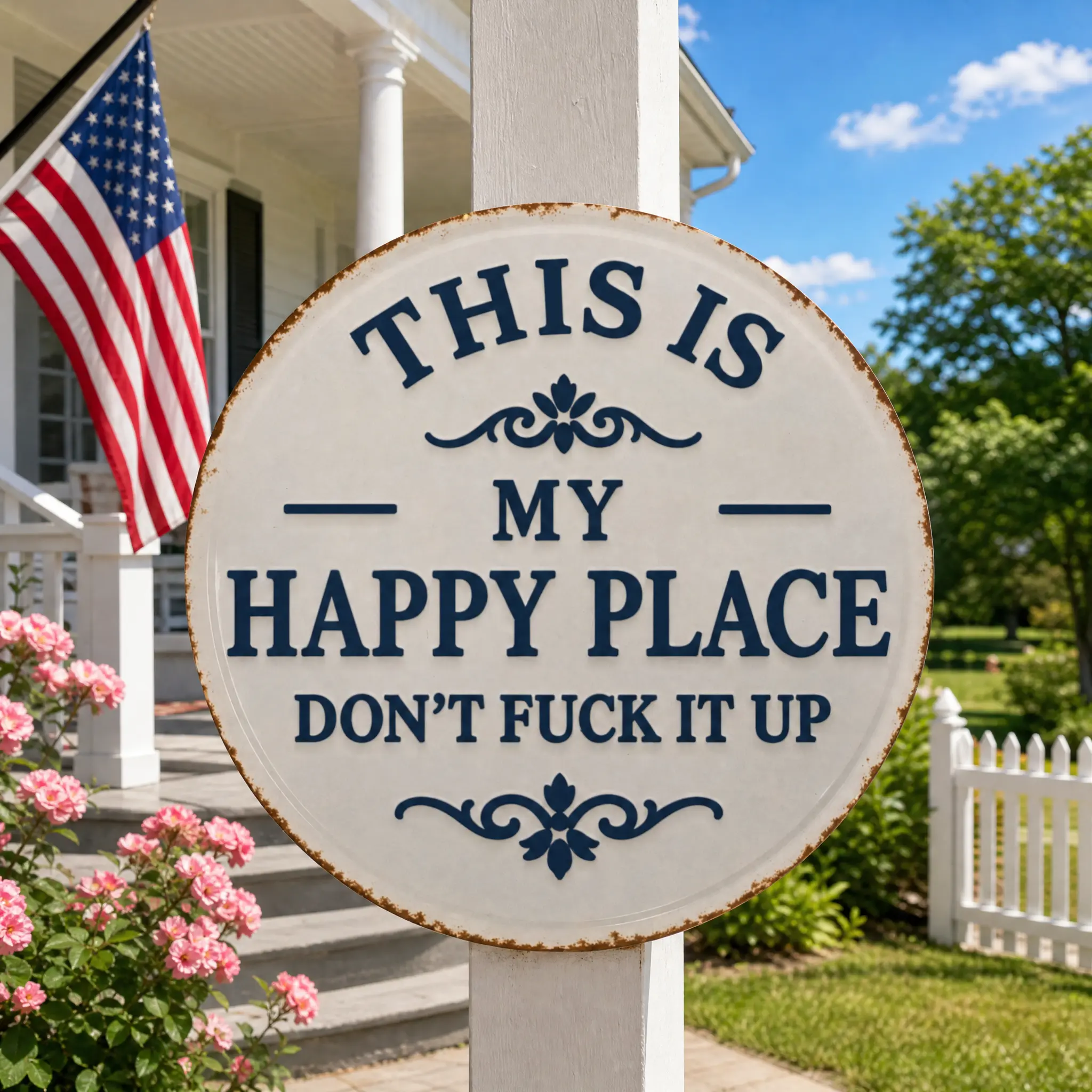 This Is Our Happy Place Don't Fuck It Up Round Metal Sign 8"x8", Funny Sarcastic Home Themed Wall Decor for Cabin, Man Cave & Bar, Retro Plaque
