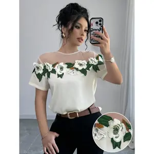 Women’s floral embroidered shirt, an elegant and fashionable casual round-neck short-sleeve top, suitable for everyday outdoor wear-summer women’s apparel