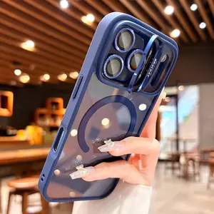 Transparent Magnetic Lens Metal Stand Shockproof Protective Cellphone Phone Case Cover for iPhone 17/17 Air/16/15/14 Plus/13/12/11 Pro Max, Wireless Charging Compatible