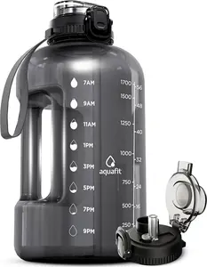 AQUAFIT Half Gallon Water Bottle with Time Marker - Straw & Chug Lid - BPA Free Gym Water Bottle with Straw - Big Gallon Jug (Gray, 64 oz - 2in1 Lid)