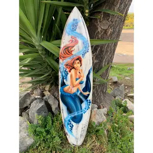 Mermaid Airbrushed Decorative Surfboard Wall Plaque Mango Wood Coastal Decor 39"x 10" Active