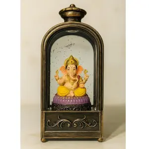 LED Snow Water Lantern with Lord GANESHJI Figurine Antique Bronze Battery or USB Powered Decorative Glass Display Brown