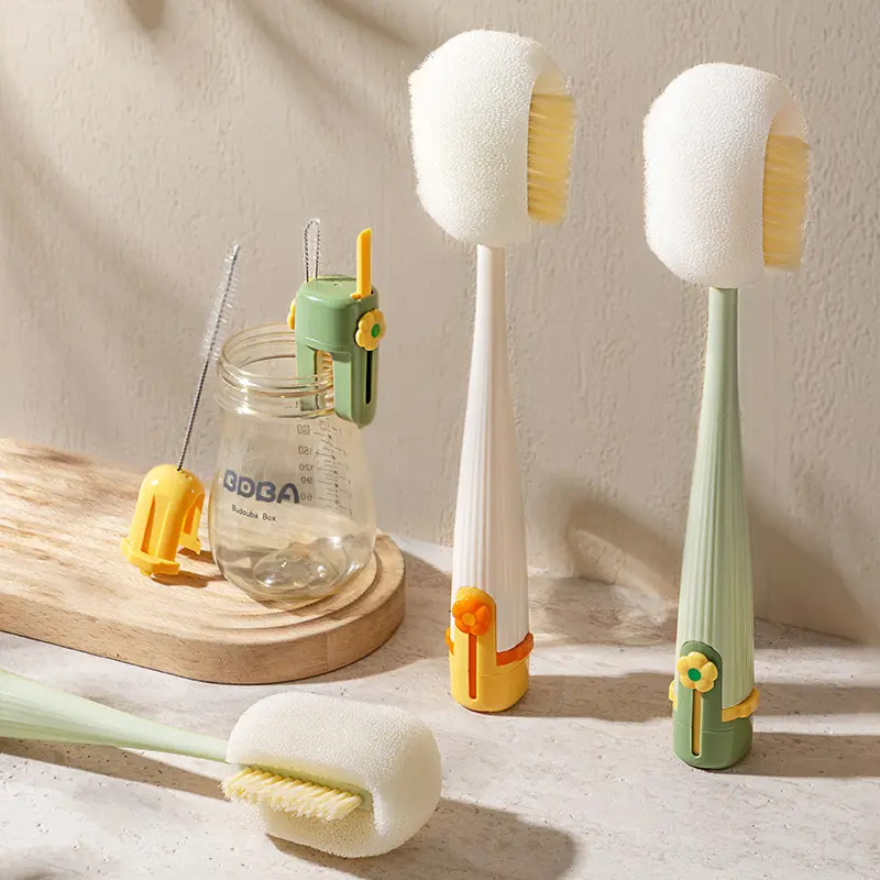 5-in-1 Multi-functional Cleaner Brush - Long Handle 360° Rotatable Soft & Stiff Bristle Tool with Slit Brush, Durable for Milk Bottles, Ice Grids, Home Kitchen Use