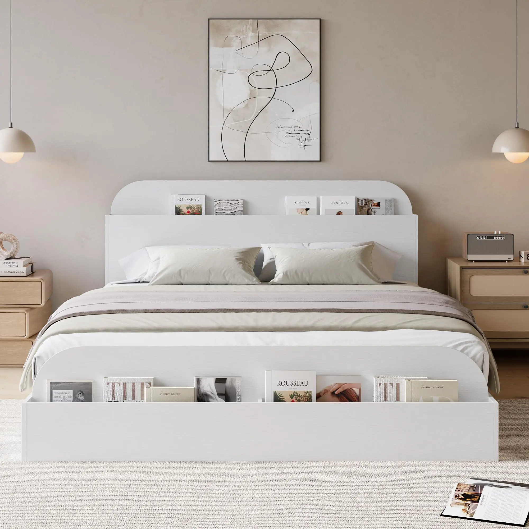 White Queen Size Bed Frame, Wooden Beds with Storage Headboard and Raised-Foodboard, Queen-Floor Low Platform Bed for Bedroom, Sturdy Wooden Slats Support, No Box Spring Needed