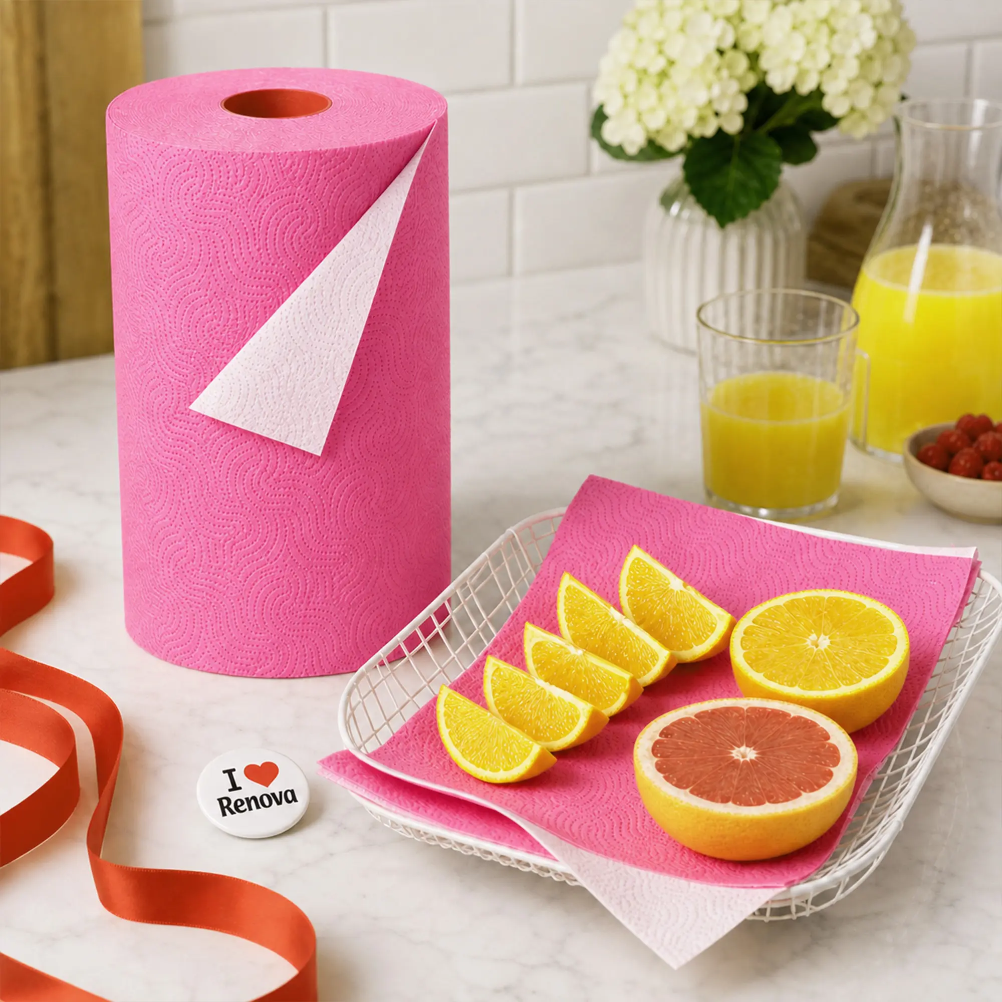 Renova Pink 2-Ply Paper Towel Roll, 120 Sheets - Compact, More Absorbent Home Kitchen Care Supply