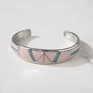 Pink Conch Shell & Opal USA Handmade 925 Sterling Silver Cuff
