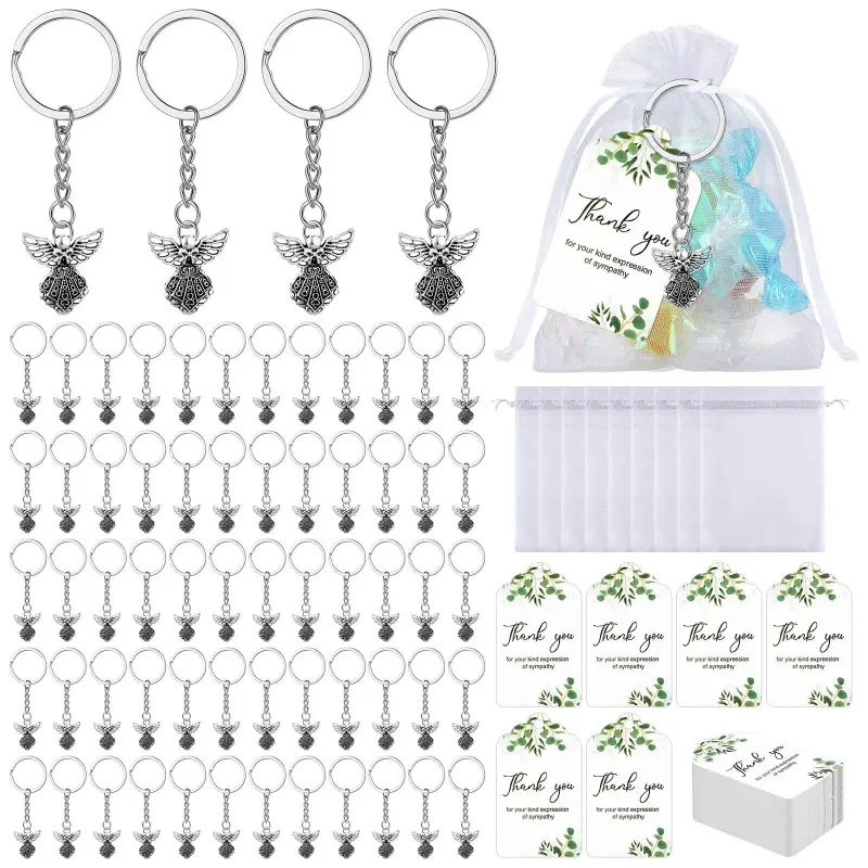 Funeral Favors Thank You Set 60 Pcs Angel Charm Keychain Angel Key Ring 60 White Organza Bags 60 Sympathy Thank You Cards Tags for Funeral Memorial Party Guests Gifts