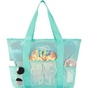 Mesh Beach Bag, Large Bag with Zipper Beach Bags for Women Waterproof Sandproof with 5 Pockets Green