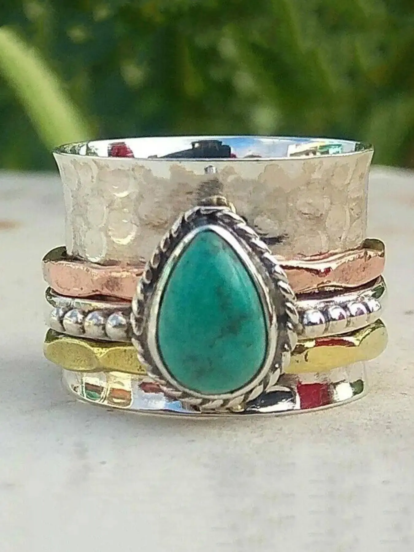 Women's Turquoise Water Drop Feature Decor Alloy Ring, 2024 New Style Layered Design Ring for Women Men, Boho Style Jewelry Textured Metal Ring As Anniversary Gift, Statement Rings, Stackable Finger Rings