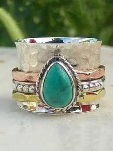 Women's Turquoise Water Drop Feature Decor Alloy Ring, 2024 New Style Layered Design Ring for Women Men, Boho Style Textured Metal Ring As Anniversary Gift, Statement Rings