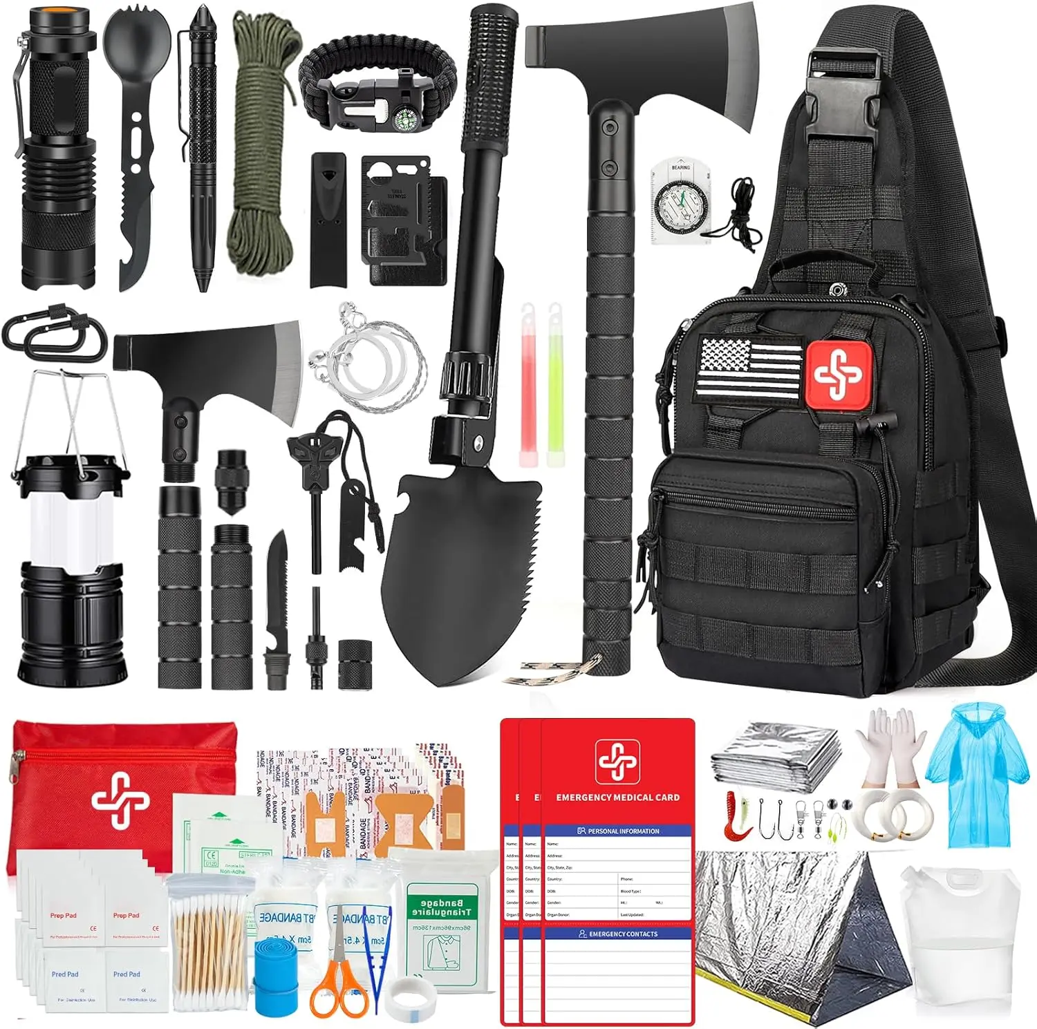 262Pcs Survival Kit with Tactical Accessories, First Aid Kit Pouch, Crossbody Bag & Large Capacity Backpack, Emergency Gear Includes Tent, Camping Hatchet Hammer, Survival Shovel with Pick, Bug Out Bag, Outdoor Survival Supplies Gift for Men Women