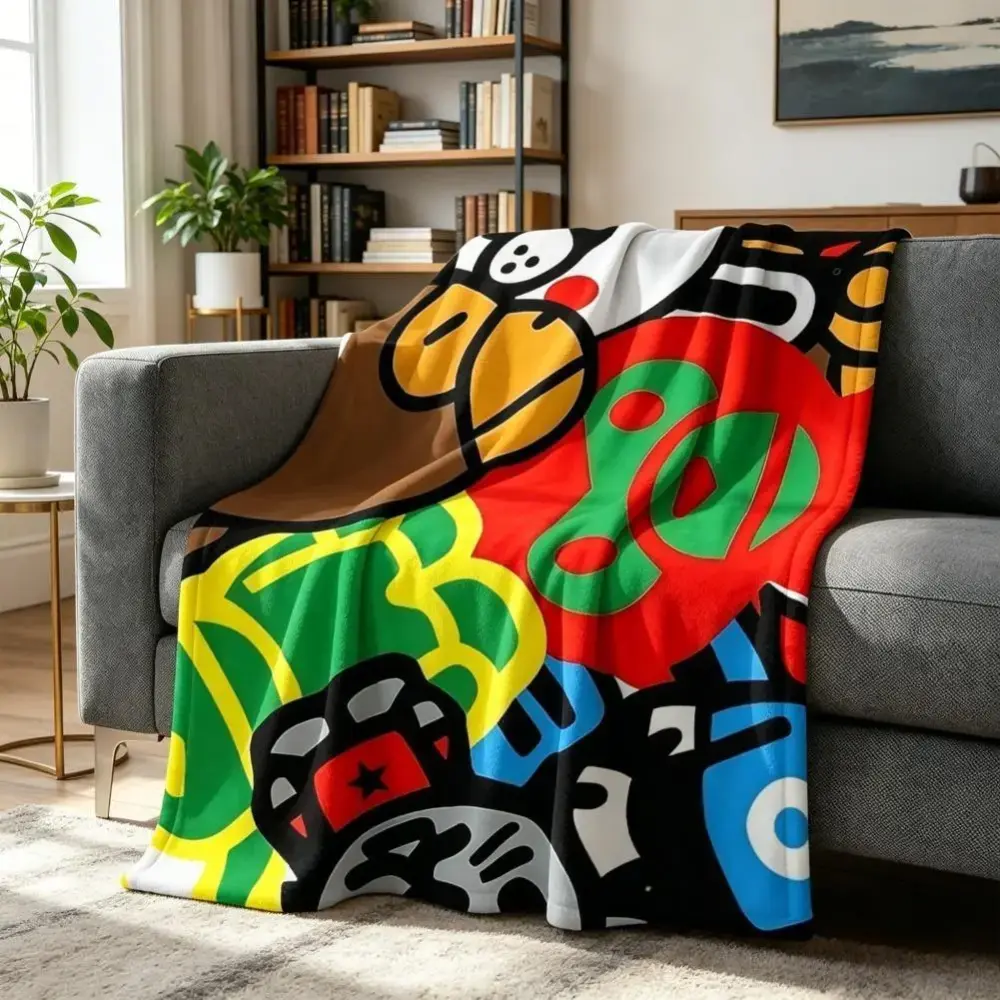 Colorful Patchwork Flannel Blanket, Streetwear Cool Character Design, Soft Throw Blanket for Sofa Bed, Camping, Office Nap, Streetwear Gamer Gift