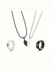 4pcs Set 2 Rings + 2 Necklaces, Minimalist Couple Jewelry, Matching Jewelry Set, Couples Jewelry Set, Fashion Heart Design, &, Perfect Gift for Best Friend & Lover