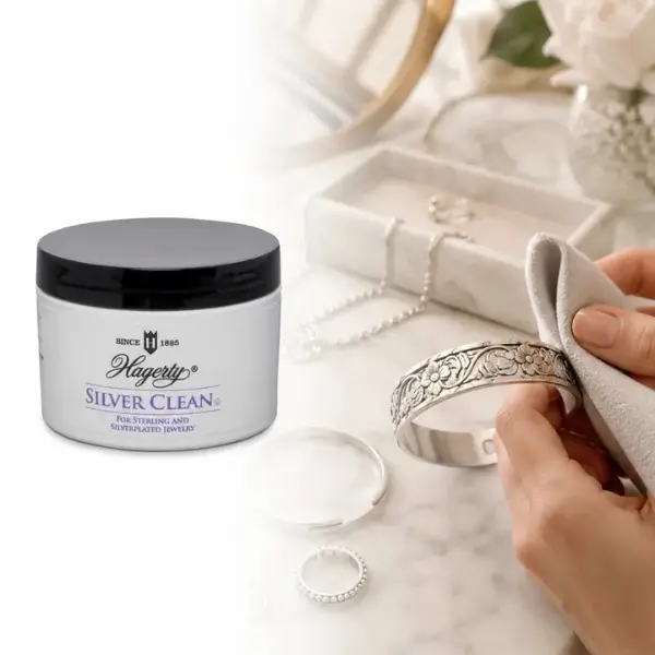 Hagerty 7 oz. Luxury Silver Clean,silver tarnish remover,silver jewelry cleaner,silver-plated cleaner,instant dip cleaner,dipping basket included,easy no-rub cleaning,restores shine,necklace cleaner,bracelet cleaner,ring cleaner,tableware polish,daily use