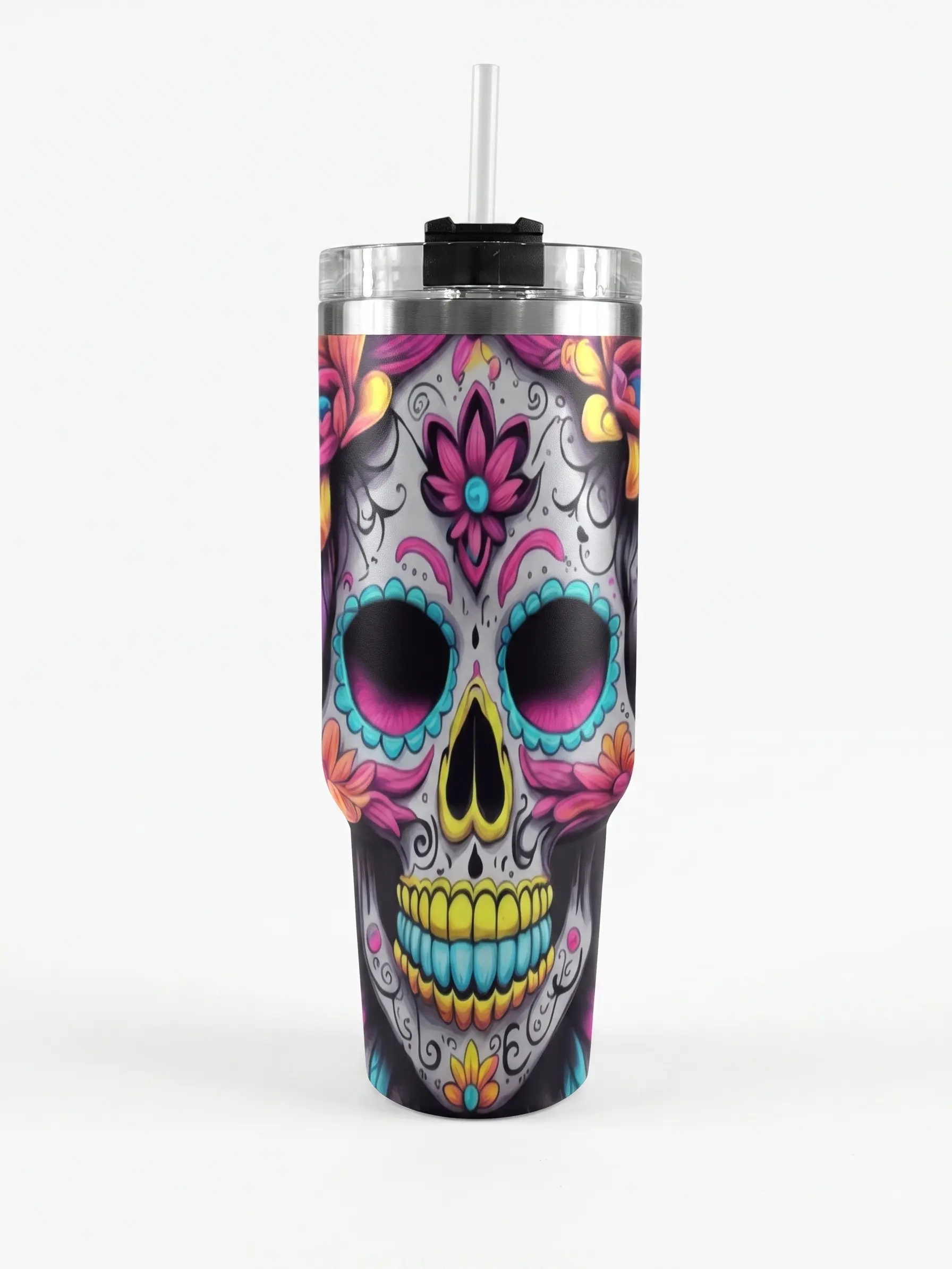 40oz Stylish Printed Sugar Skull Stainless Steel Travel Mug with Handle, Lid & Floral Calavera Design - Gothic Mexican Art Insulated Reusable Plastic-Lined Coffee Cup Drinkware