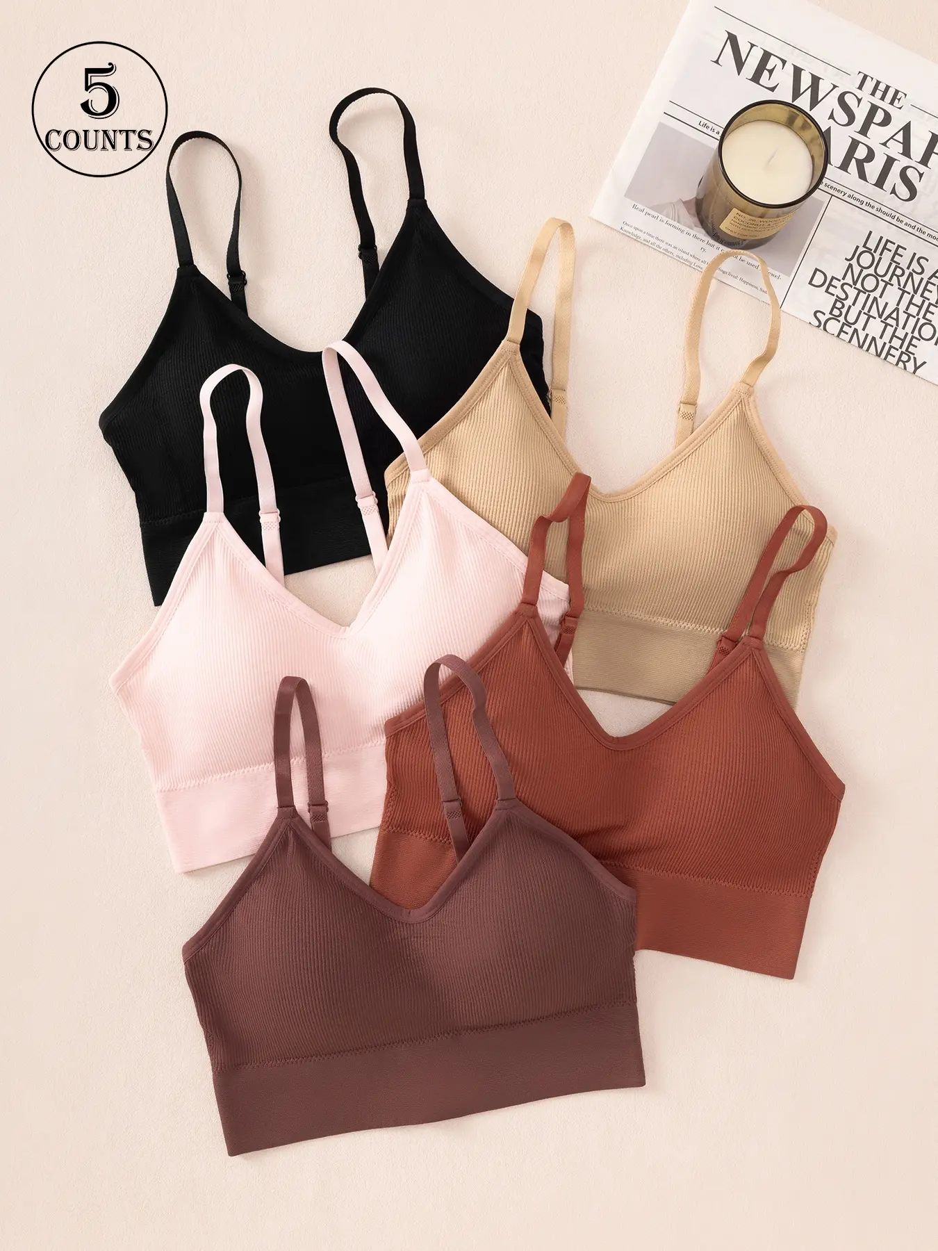 5 piece set of solid color women's bras, seamless bra, wireless, removable pads, adjustable straps, supportive and shaping, breathable comfy bra, Basic everyday bra, everyday commute and casual wear, suitable for sports and fitness, women's Underwear