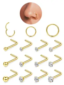 15-Piece 20g Women's Nose Rings Set, Stainless Steel L-Shaped Piercing Jewelry, hinged nose hoop, Sporty Style, All Seasons, Plain Pattern