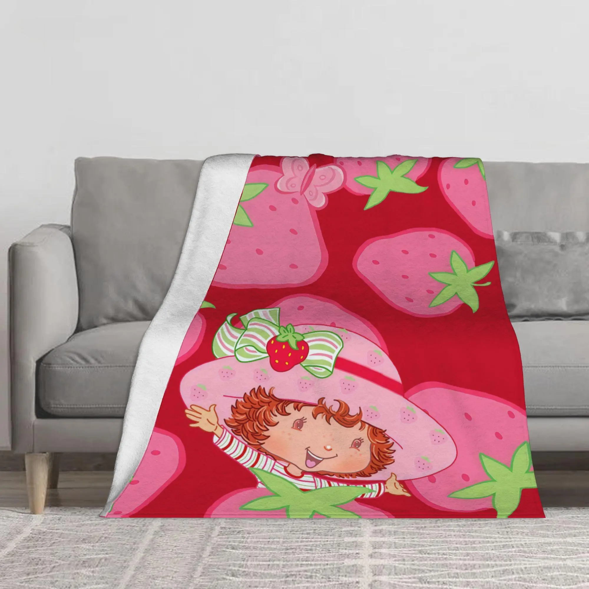 Strawberry Shortcake Vintage Cartoon Flannel Fleece Blanket, Multi‑Size Cozy Soft Plush Throw, Sweet Berry Themed Cute Girl Character Printed Blanket for Couch Bed, Nice Gift for Kids Girls