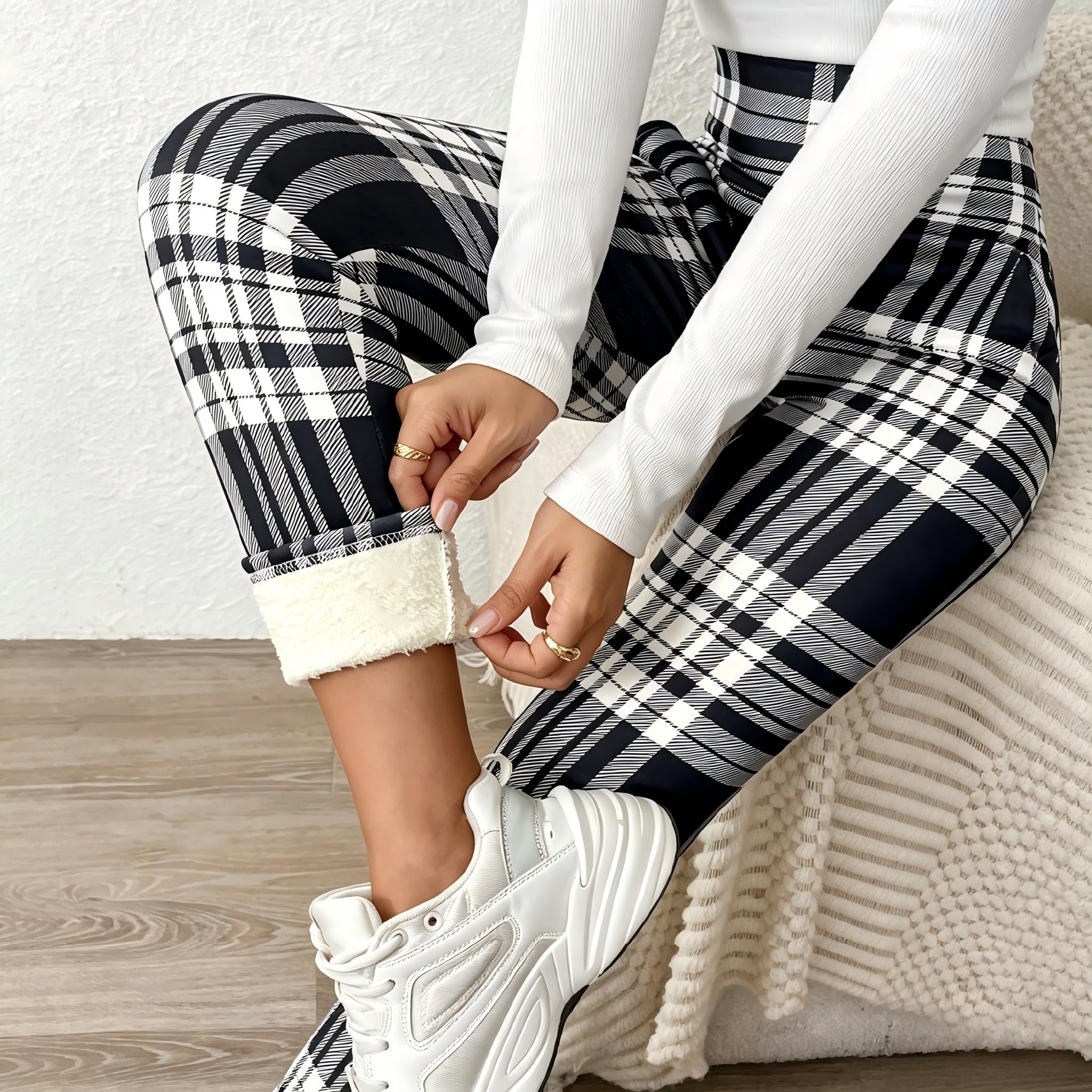 Women's Plaid Print Thermal Lined Thick Leggings Casual Comfy High Waist Skinny Pants for Daily Wear Ladies Bottoms for Winter Fashion Womenswear