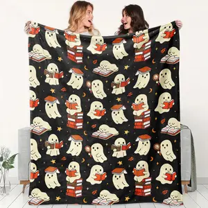 Cute Ghost Reading Pattern Blanket, Perfect for Camping & Picnics, Ideal Halloween Decor, Warm Sofa Throw, Multi-Functional Home Accessory