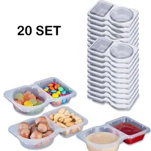 Disposable Double Compartment Plastic Container with Lid, 10/20 Sets Disposable Sauce Snack Container, Food Preservation Container for Home Kitchen, Utensils
