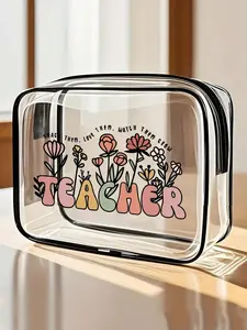 "Best Teacher" Themed PVC Cosmetic Bag — Zippered PVC Travel Organizer, Travel Cosmetic Bags, Makeup Storage Organizer, Makeup Pouch, Waterproof Toiletry Bag — Ideal Gift for Teachers, Friends, Nurses, and Office Colleagues; Perfect for Mother's Day.