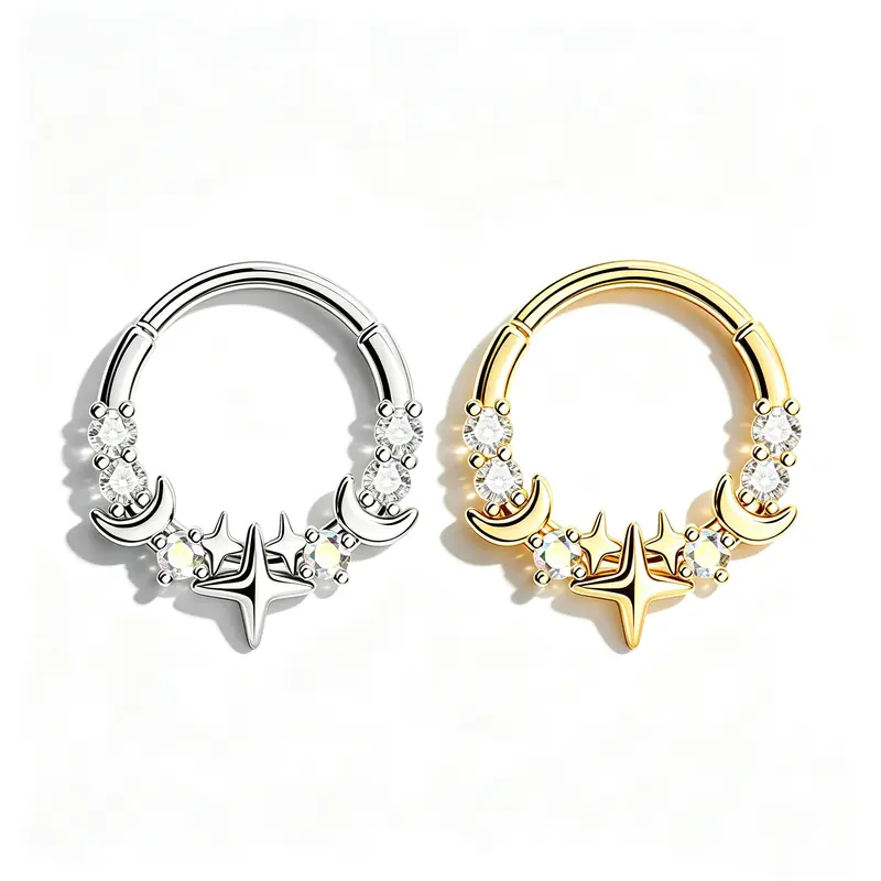 OUFER 16G 316L Stainless Steel Stars & Moons Septum Clicker Ring - Cubic Zirconia, Clicker Mechanism, Stack-Ready Size, Everyday Wear Body Piercing Jewelry for Nose Piercing