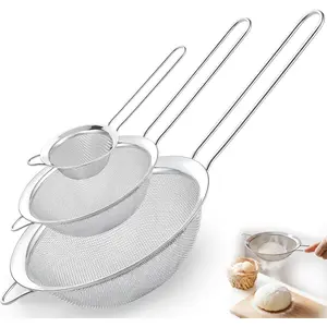 Fine Mesh Strainer Set of 3, Stainless Steel Sieve Sifters with Handle, Small Medium Large Sizes, Kitchen Strainers Colander Set for Sifting Straining & Cooking