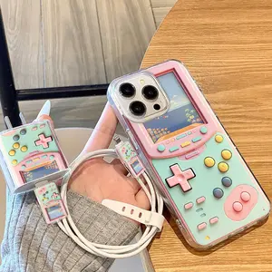 5 Piece Set Silver Color Game Machine Pattern Phone Case, Charger Head Cover, Cable Protector, Storage Rope, Anti-Drop Tpu Case for iPhone Accessories
