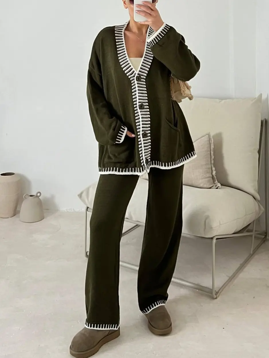 Women's 2 Piece Set Winter Knit Outfits Matching Loungewear Long Sleeve V Neck Cardigan Sweaters Wide Leg Pants Tracksuits