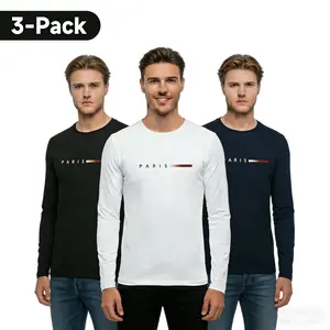 Men's 3-Pack Graphic Long Sleeve T-Shirts All Seasons - Crewneck Casual Tops - Soft Everyday Layering Tee for Year-Round Street Style