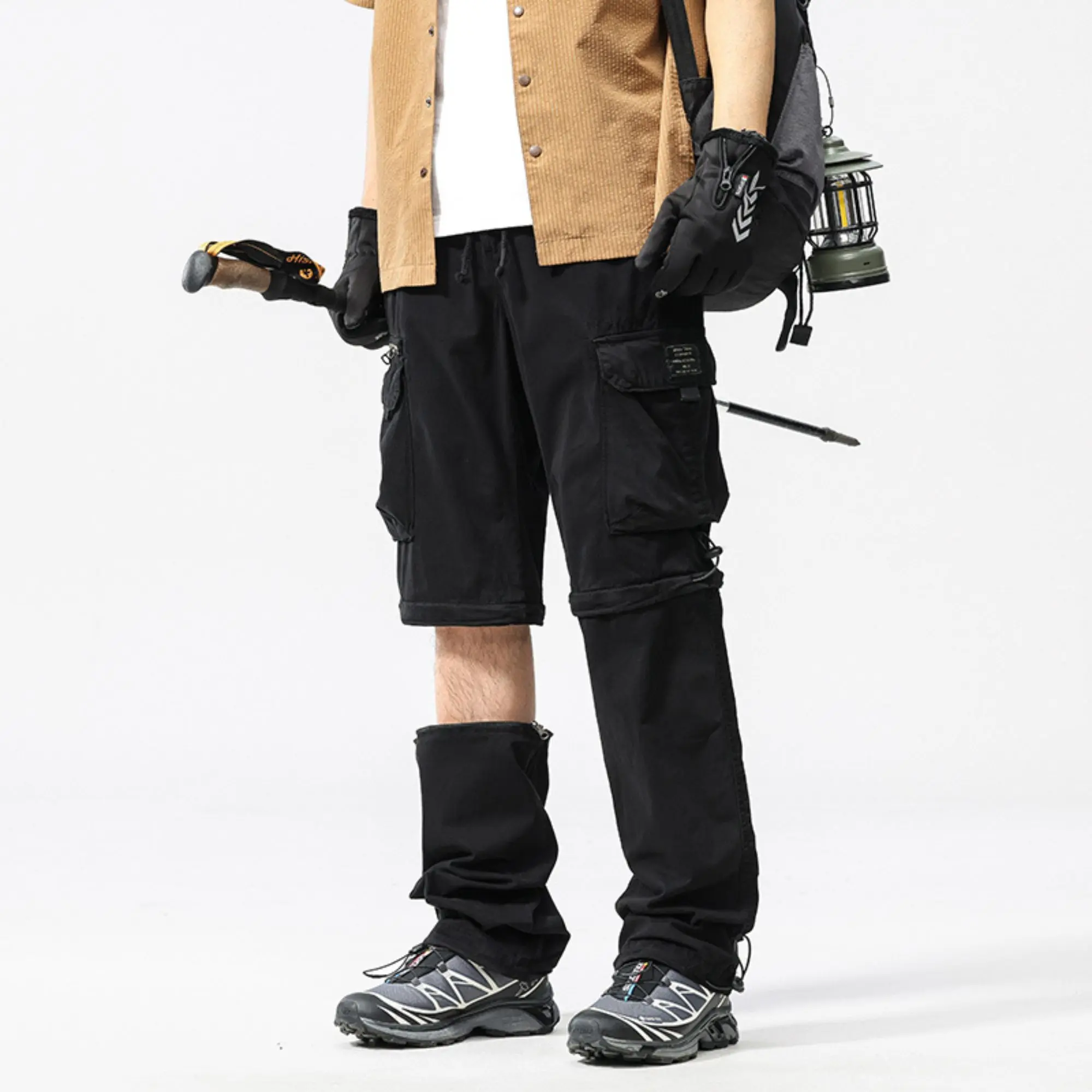 Menswear Men's Outdoor Detachable 2-Way Wear Cargo Pants - Multi-Pocket, Drawstring Cuffs,  Hiking Casual Long Pants