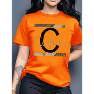 Calvin Balance Easy Letters Print T-shirt | Casual Short Sleeve Crew Neck Top, Stylish All-Season Women'S Clothing, Regular Length, Spring/Summer Season