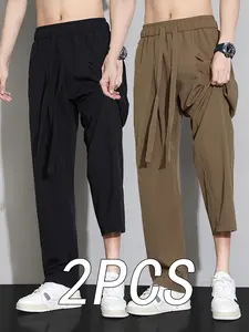 Men's Lightweight Casual Pants Two-Piece Set, Breathable Quick-Dry Sports Pants, Elastic Waistband with Drawstring, Pure Color Straight Leg Long Pants
