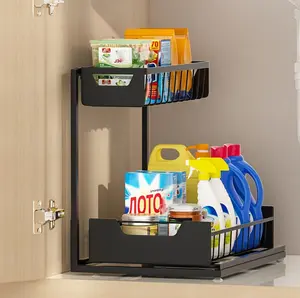 Under Kitchen Sink Organizers and Storage Pull Out 2 Tier Metal Bathroom Cabinet Organizer for Efficient Space Management 11x14x8.26 inches Easy to Assemble