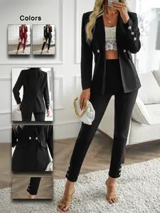 Women's Suit Set, Double-Breasted Herringbone Blazer & Solid Color Pants, Elegant Office Wear, Comfortable Business Attire, Fit