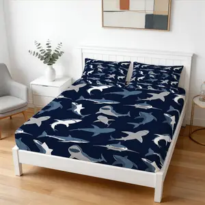 Navy Blue Shark Pattern Fitted Sheet Set, 1 Fitted Sheet with 2 Pillowcases, Ocean Marine Animal Bedding for Bedroom, Dorm & Guest Room, Decor for Adults