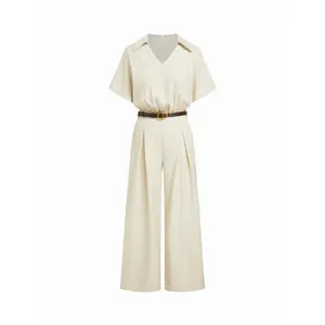 Cider Collar Ruched Pleated High Rise Wide Leg Jumpsuit With Belt