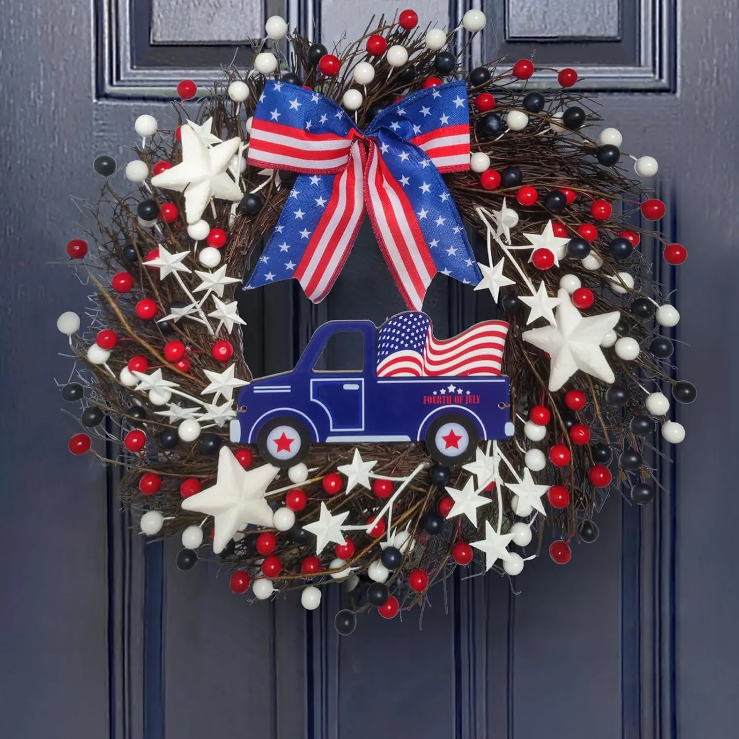 4th of July Independence Day Door Wreath,Patriotic red White Blue Berry Wreath for Front Door,Memorial Day Fourth of July Truck Wreath,Patriotic Star Porch Decor,Military Retirement Gift
