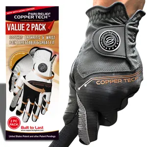 Copper Tech Men's Golf Gloves (2 Pack) - Optimal Joint Support & Comfort With Copper Compression Feature - Breathable & Tacky - Crafted With Fine AAA Leather