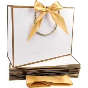 12 count  Bags Medium Size with Handles, 12.5 x 9.8 x 4.3 In White  Thank You Bags with Bow Ribbon for Wedding, Birthday, bridesmaid, Groomsmen, Party Favors,  to School, Summer Party