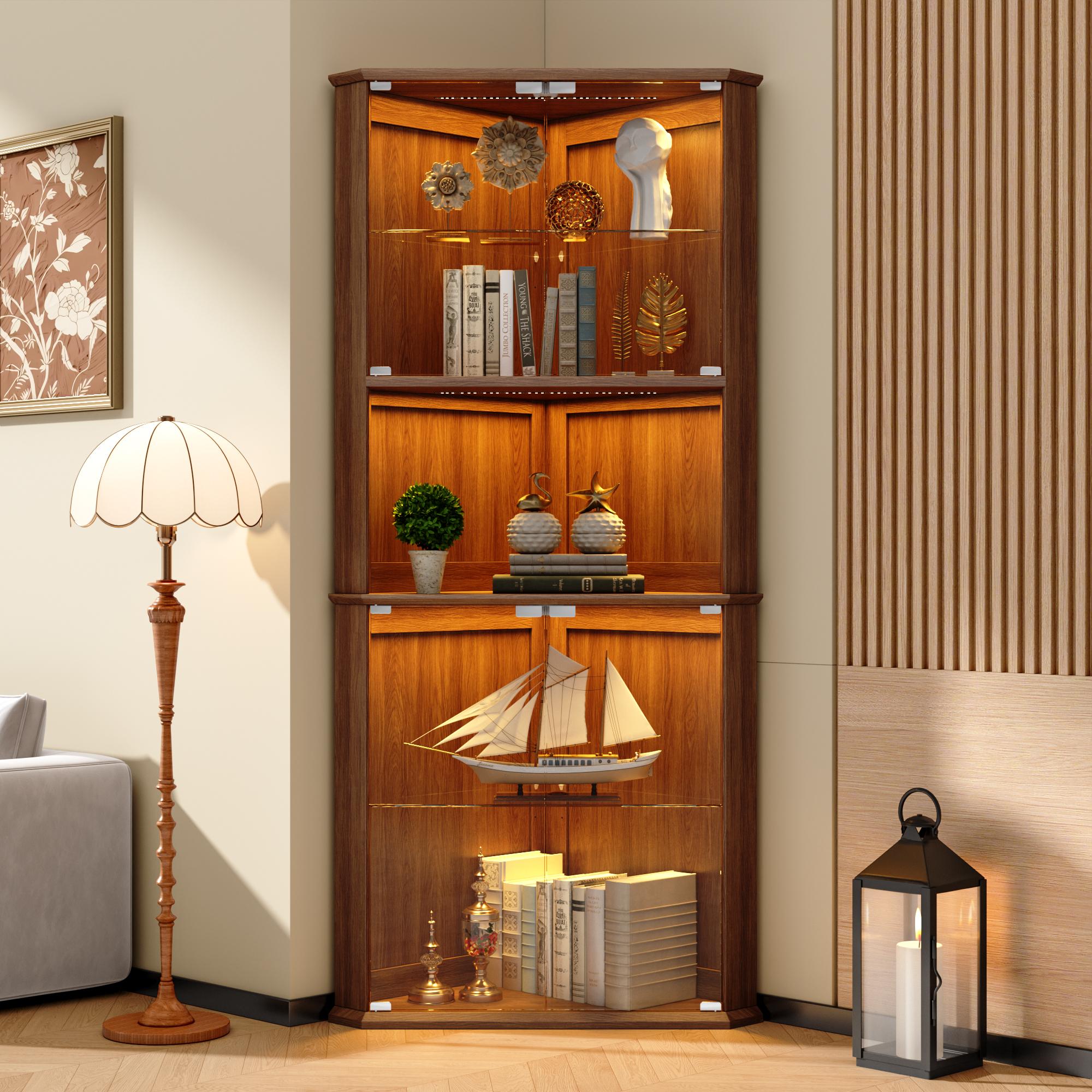 kepptory 71.8" Corner Display Cabinet with LED Lights, 6-Tier Tall Curio Cabinet with Adjustable Glass Shelves&Glass Door, Wine Cabinet for Living Room, Home Bar