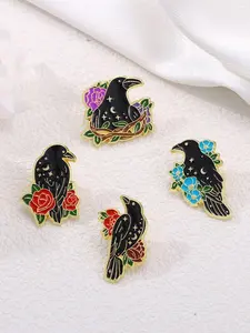 Cute Cartoon Raven & Flower Design Brooch As Gift, Animal & Flower Decor Clothes Brooch, Fashion Kawaii Accessories for Boyfriend & Girlfriend, Flower Brooch Pin