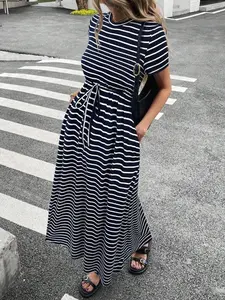 Women's Striped Drawstring Waist Casual Midi Dress - Summer Vacation Bow Tie Dress for Women