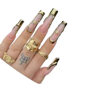24Pcs Gold French Border False Nails Long Coffin with Rhinestones Ballerina Full Cover Press on Nails for Elegant Manicure