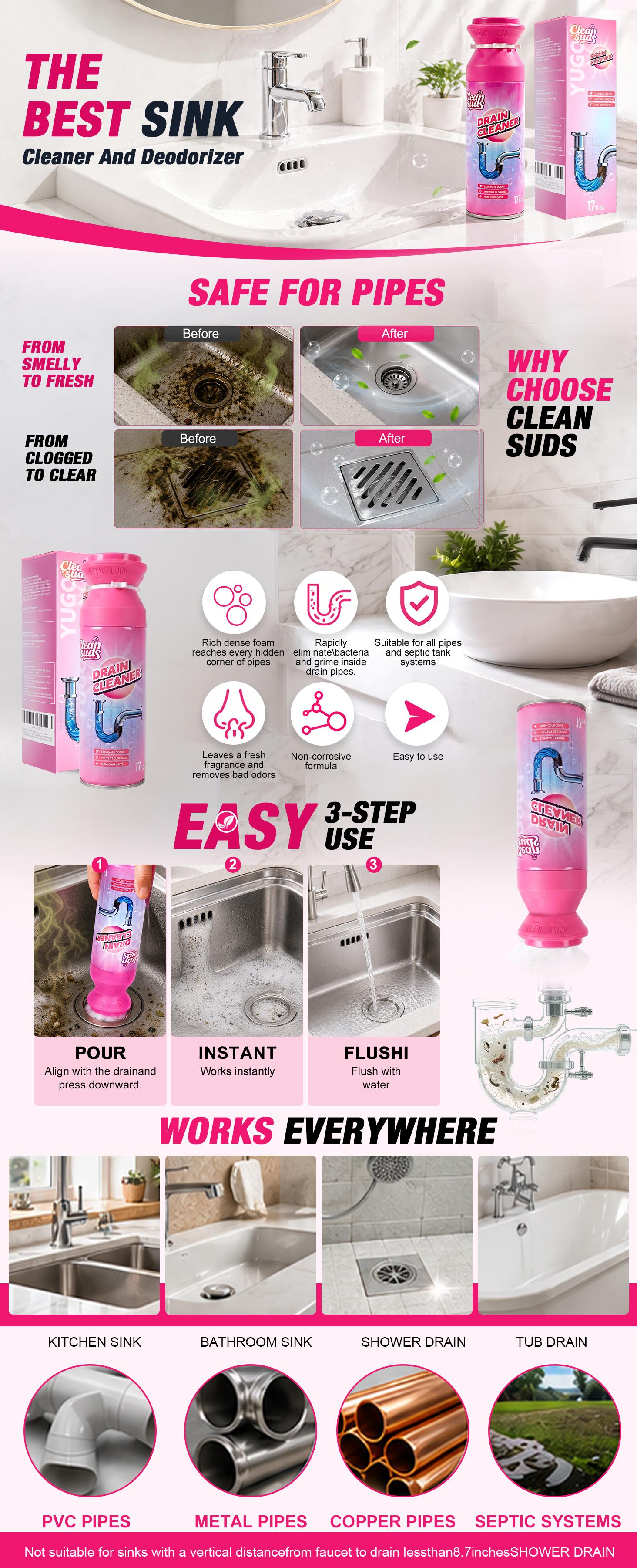 Foam Drain Cleaner - Drain clog Remover & Deodorizer & Cleaner for Kitchen Drains, Sinks, Shower Drains & Tubs
