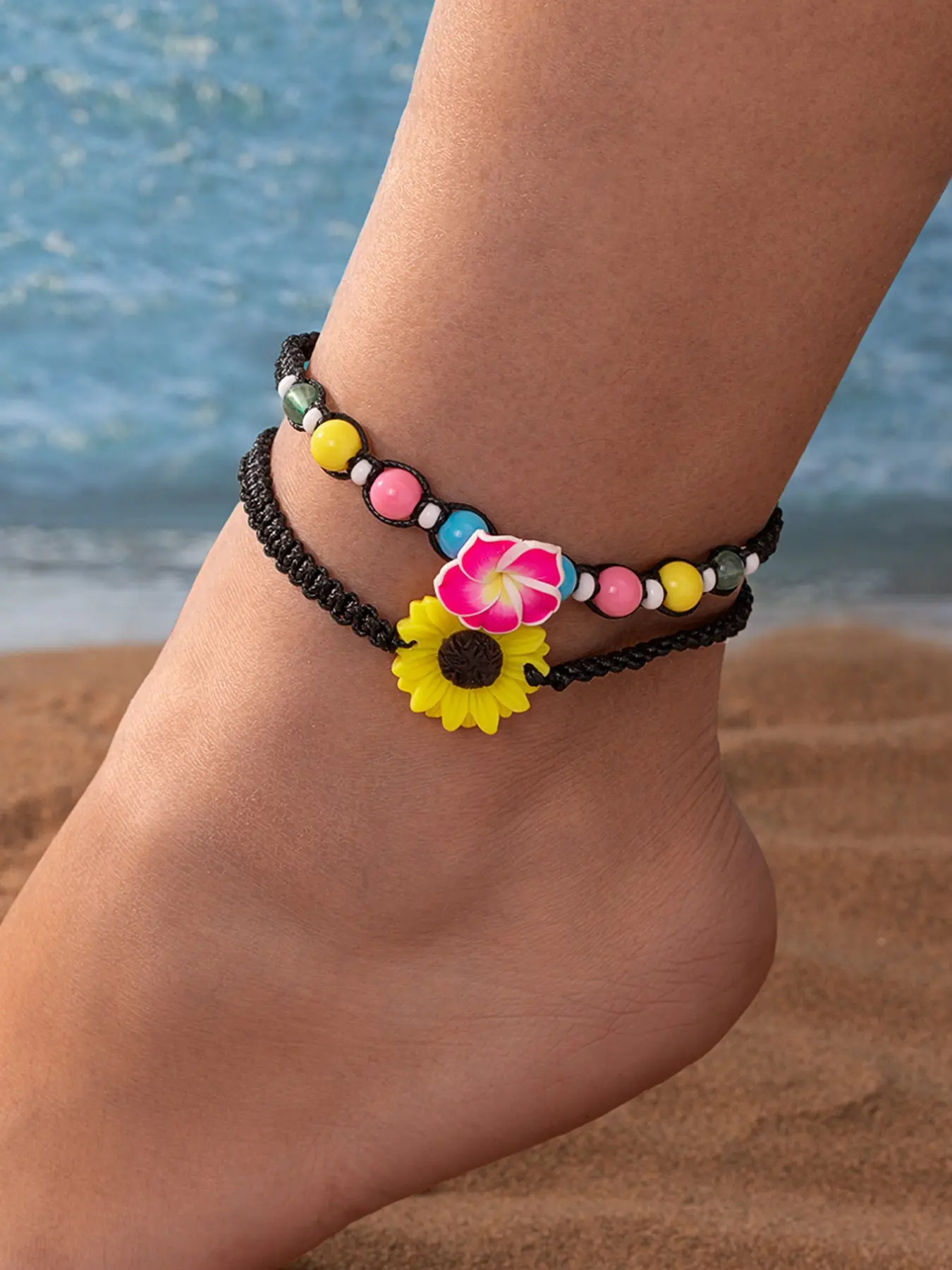Women's Handmade Soft Clay Flower Sunflower Beaded Boho Anklet, Colorful Layered Design, Perfect Gift for Women & Girls, Foot Jewelry